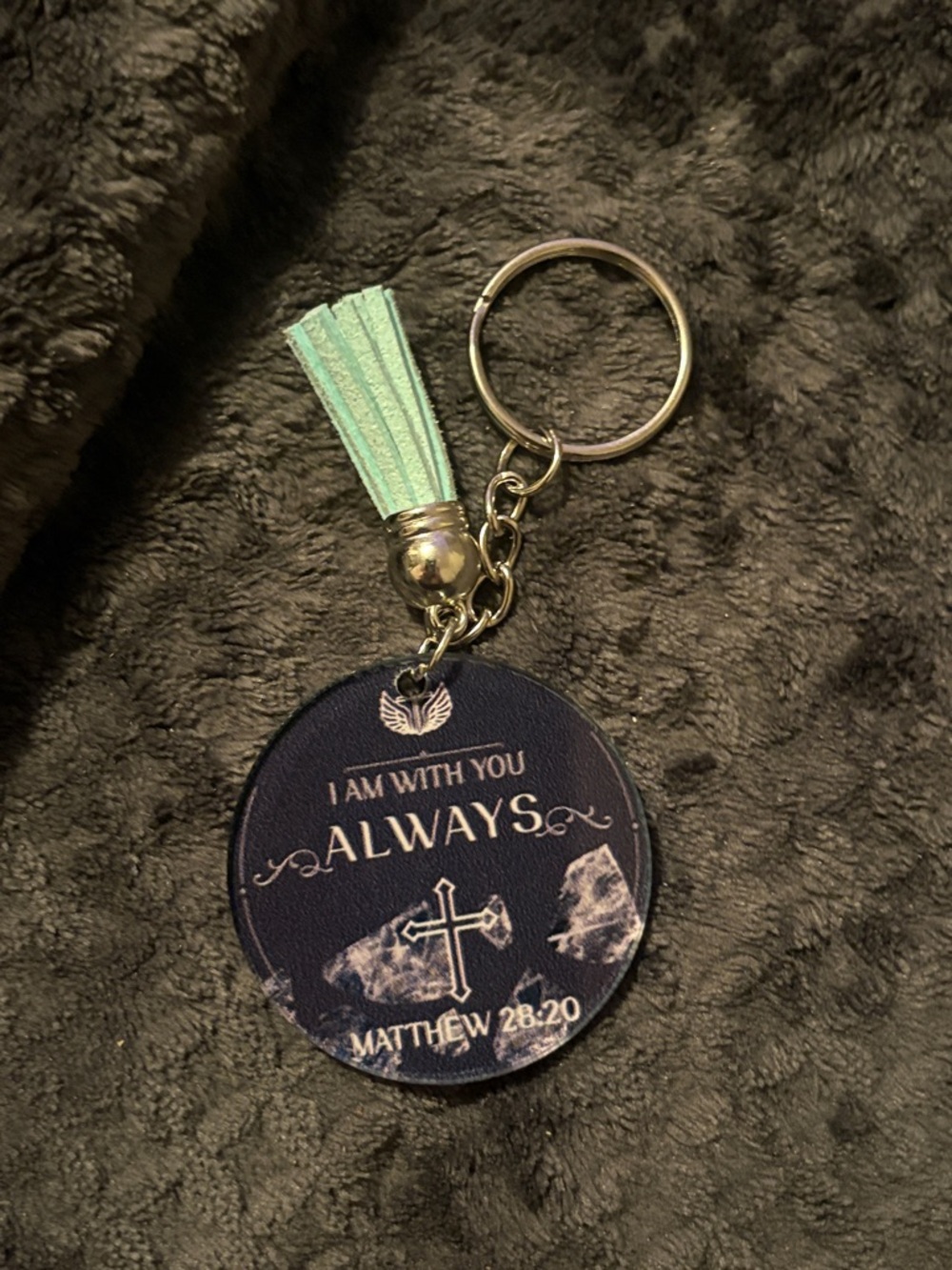Religious Round Keychain with Mint Tassel - "I Am With You Always"